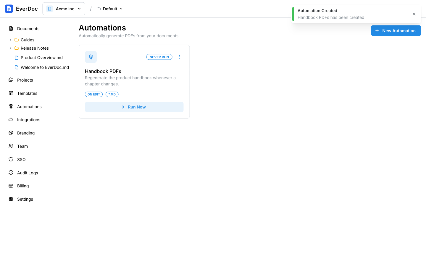 The Automations page