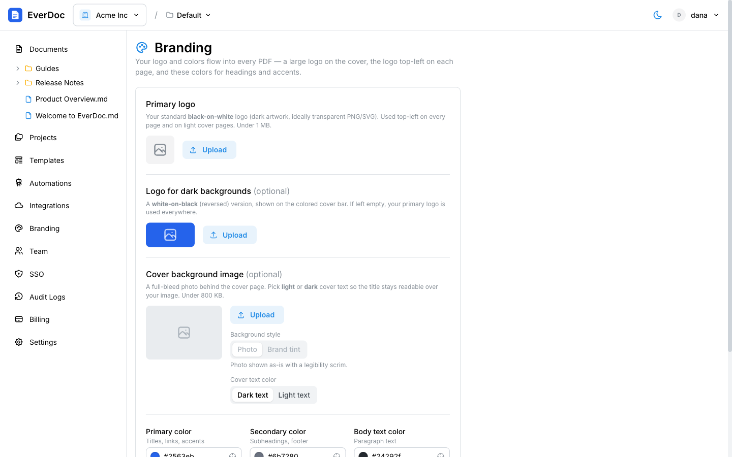 The Branding settings page