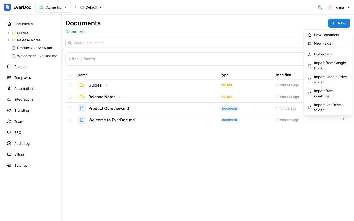 The New menu on the Documents page