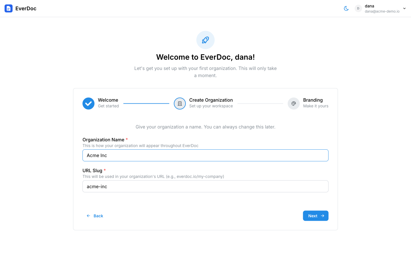 The onboarding wizard's Create Organization step