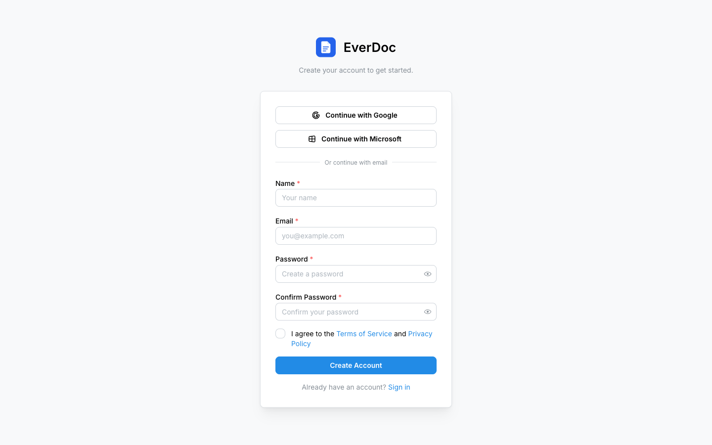 The EverDoc signup page