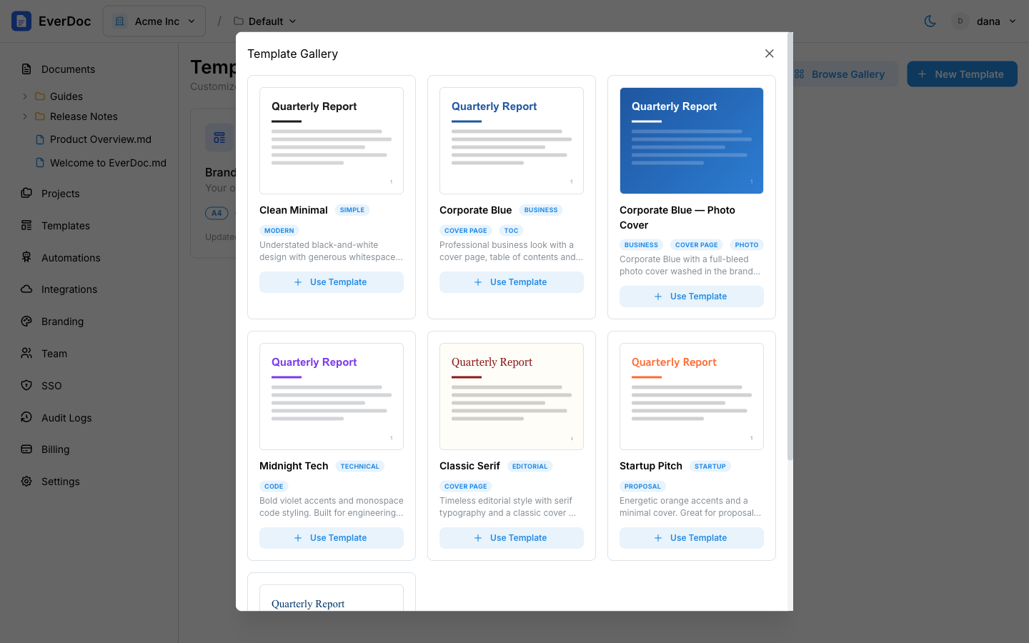 The template gallery