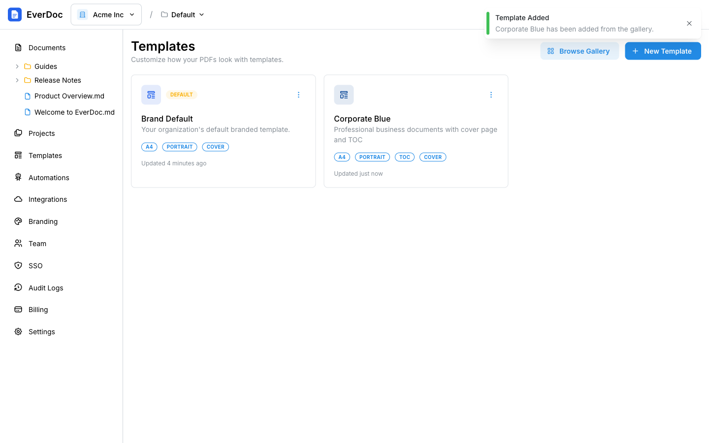 The Templates page
